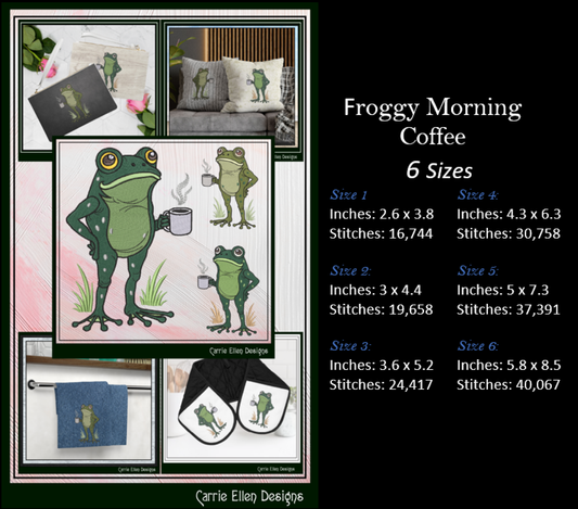 Frog with Coffee Machine Embroidery Design | Funny Morning Frog Stitch File | Coffee Lover Embroidery, 6 Sizes (4156)