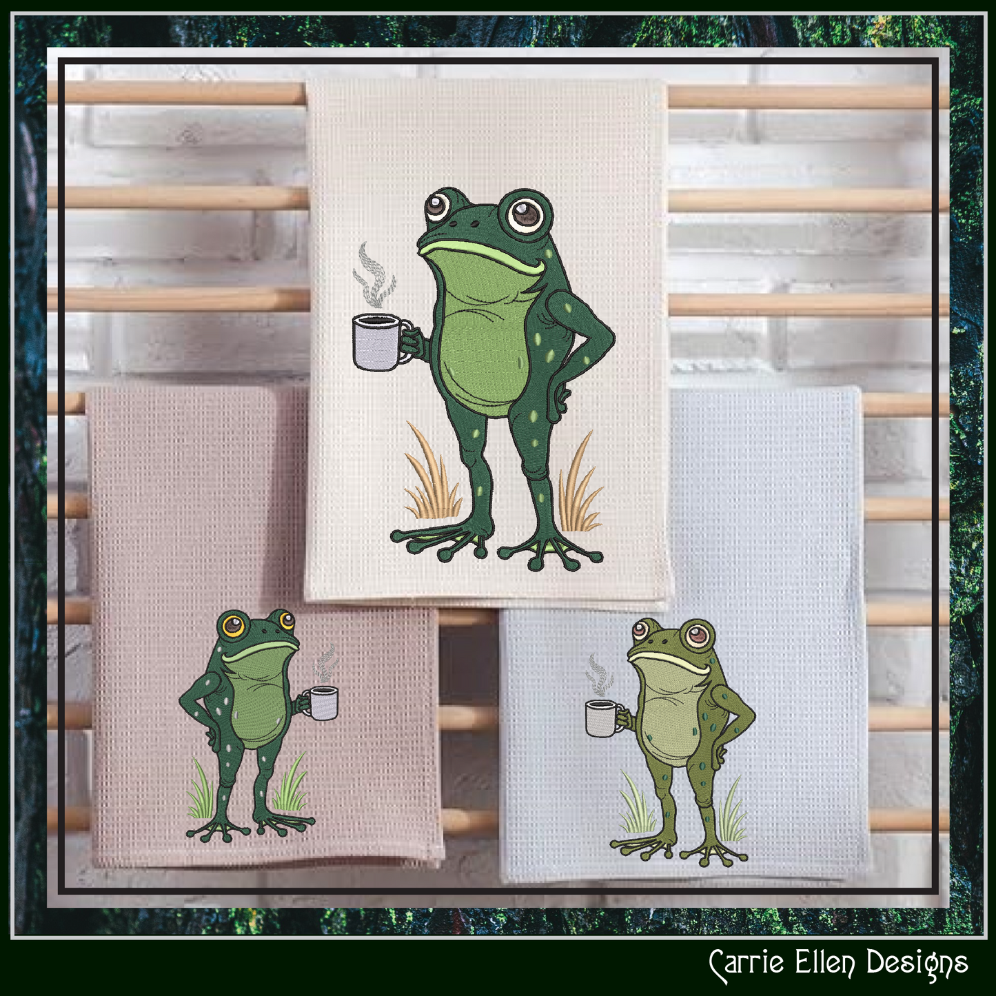 Frog with Coffee Machine Embroidery Design | Funny Morning Frog Stitch File | Coffee Lover Embroidery, 6 Sizes (4156)