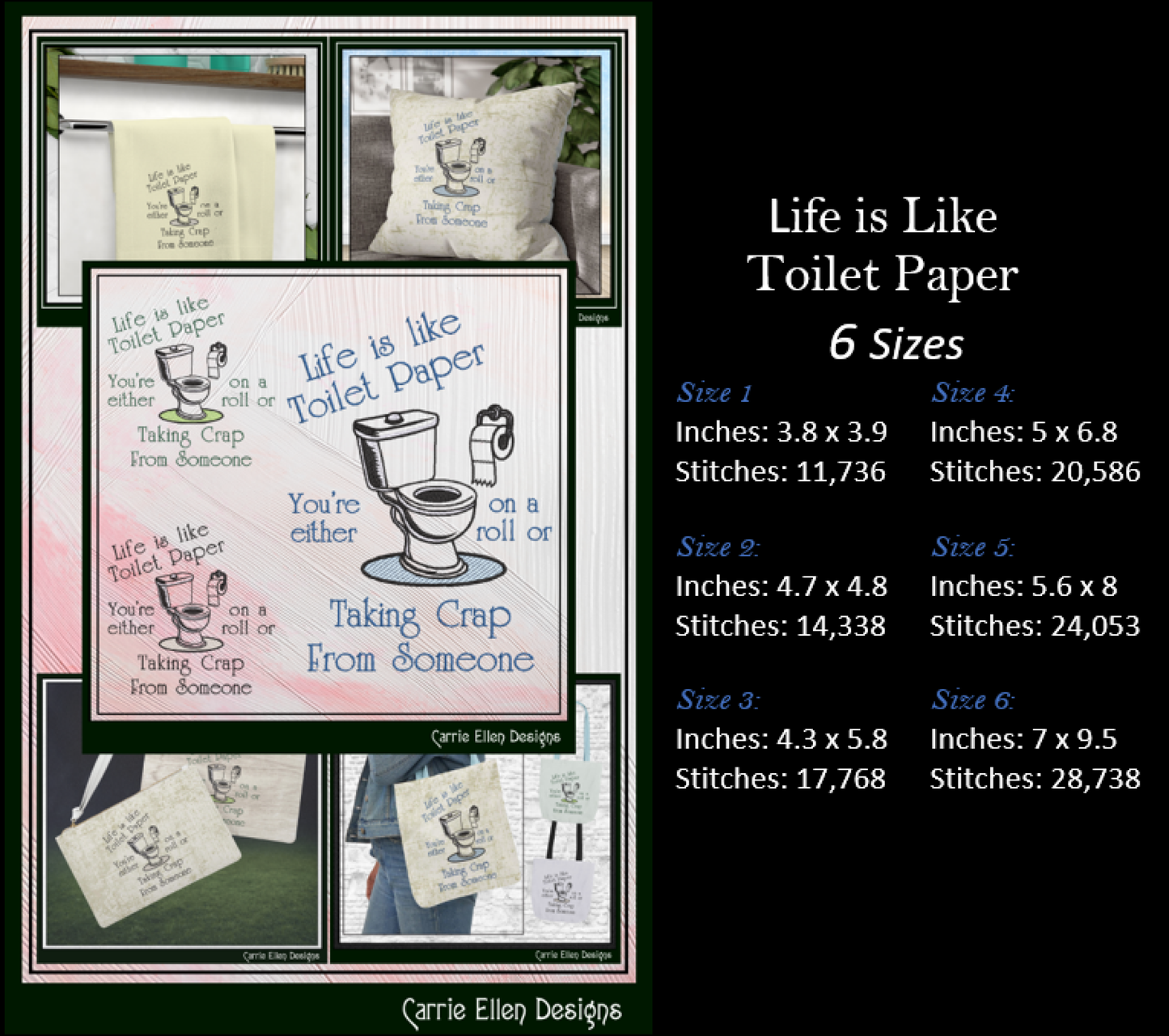 Life Is Like Toilet Paper Machine Embroidery Design | Adult Toilet Humor, 6 Sizes, (4164)