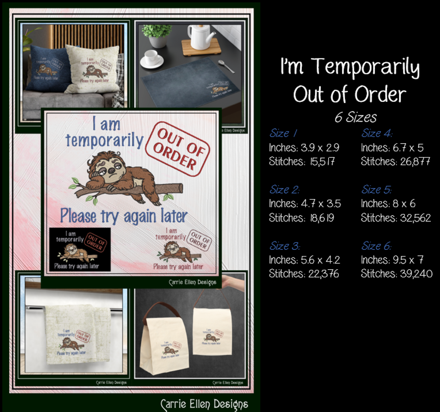 Temporarily Out of Order Try Again Later Machine Embroidery Design | Funny Sloth Sarcastic Stitch Pattern, 6 Sizes (4165)