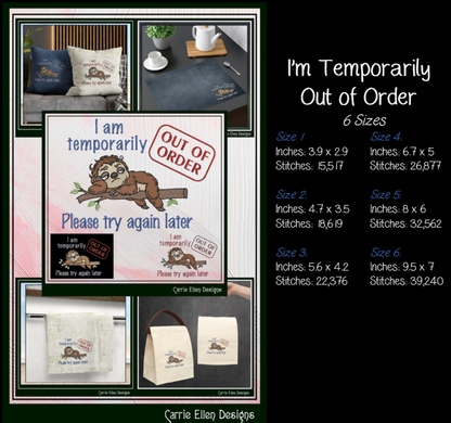 Temporarily Out of Order Try Again Later Machine Embroidery Design | Funny Sloth Sarcastic Stitch Pattern, 6 Sizes (4165)