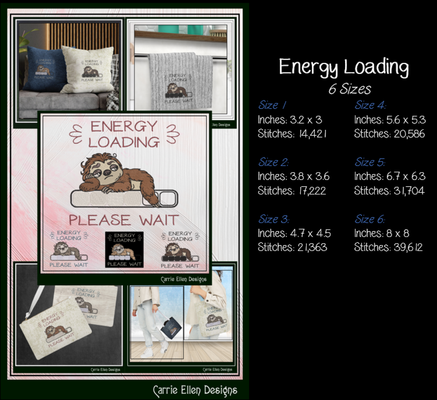Energy Loading Please Wait Machine Embroidery Design | Funny Sloth Lazy Day Humor Stitch Pattern, 6 Sizes (4166)