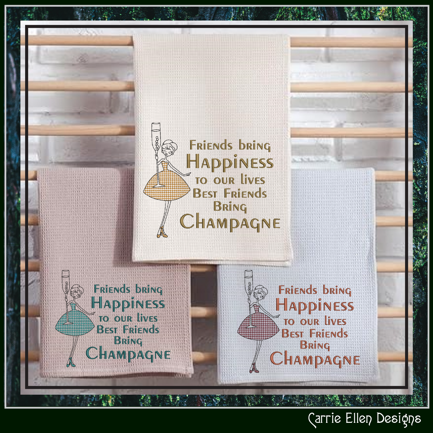 Best Friends Bring Champagne Machine Embroidery Design | Elegant Friendship Quote Stitch File, 6 Sizes (4167)