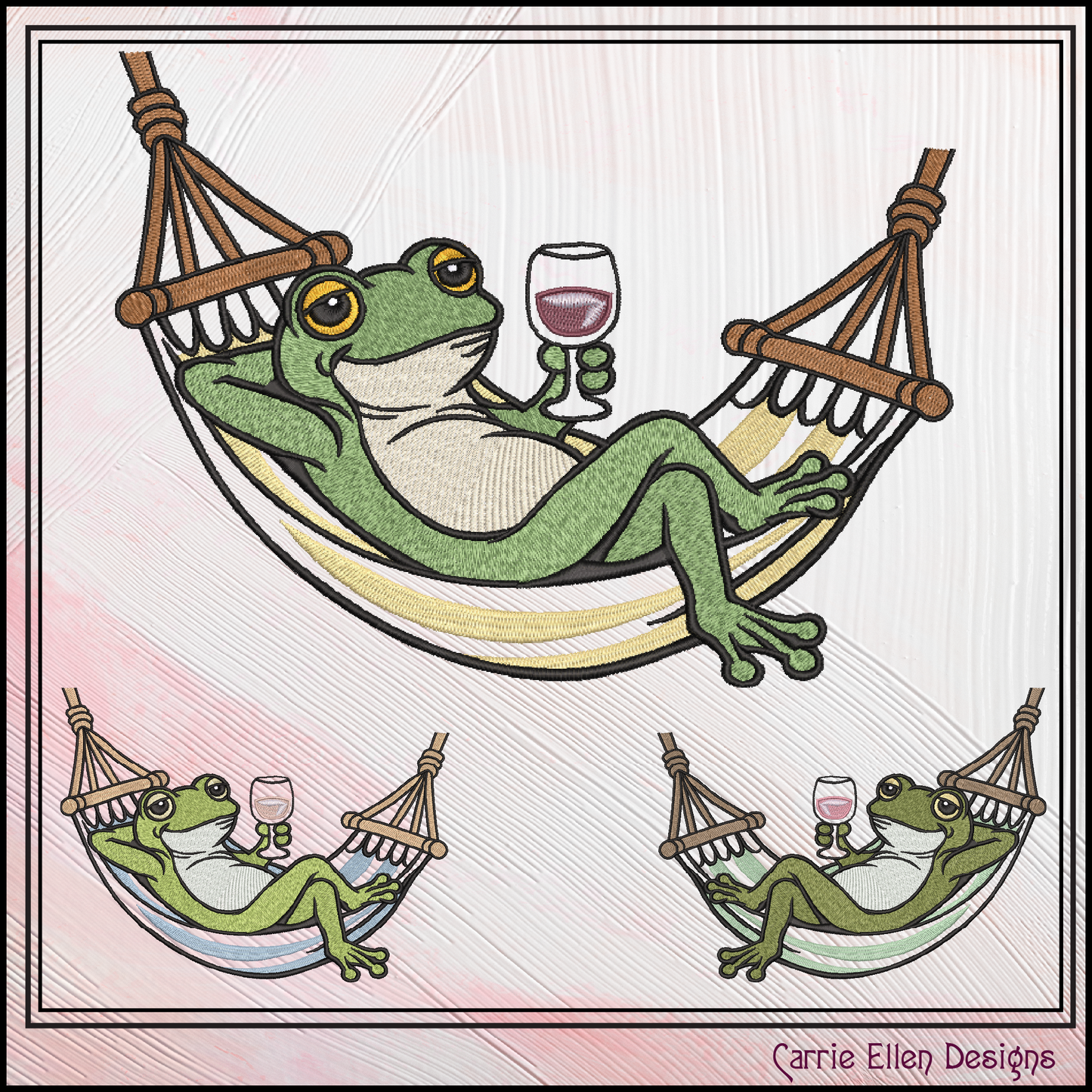 Sip & Swing Frog Machine Embroidery Design | Funny Frog in Hammock with Wine | Relaxing Frog Embroidery Pattern, 6 Sizes (4170)