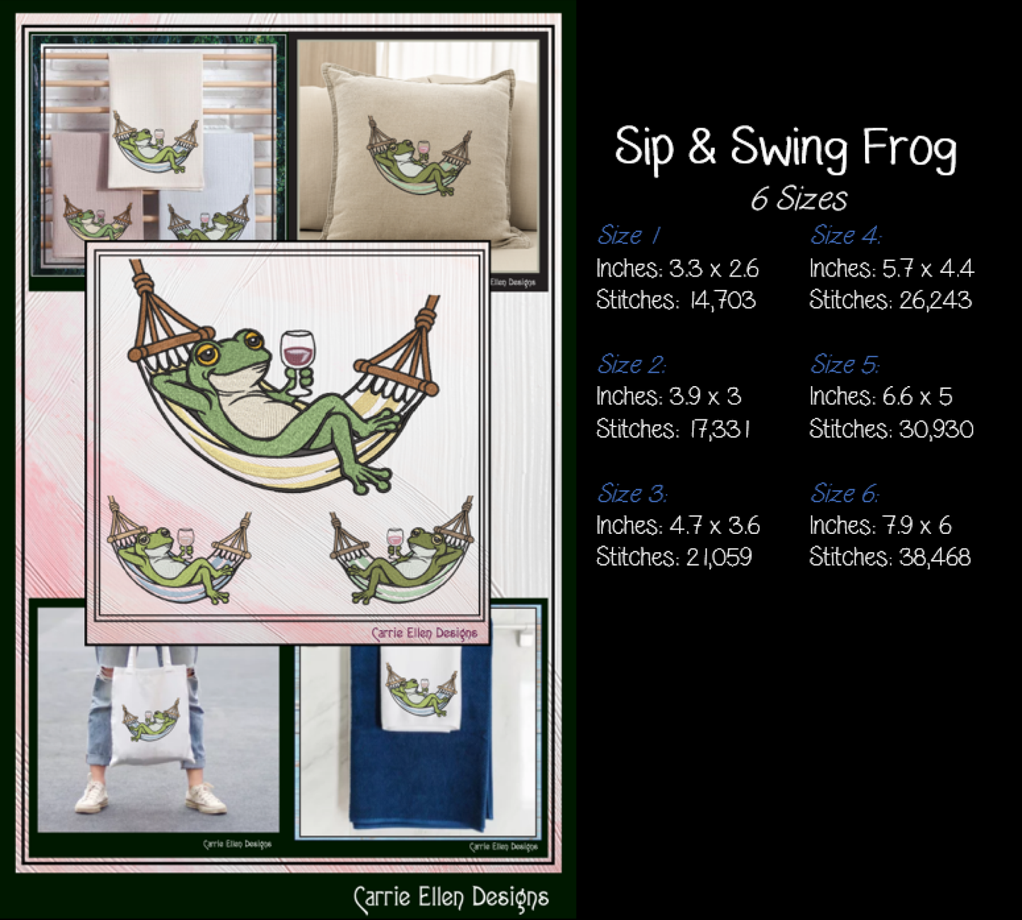 Sip & Swing Frog Machine Embroidery Design | Funny Frog in Hammock with Wine | Relaxing Frog Embroidery Pattern, 6 Sizes (4170)