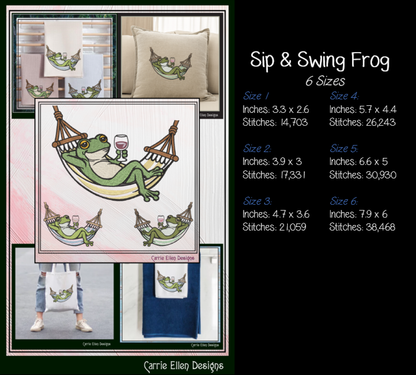 Sip & Swing Frog Machine Embroidery Design | Funny Frog in Hammock with Wine | Relaxing Frog Embroidery Pattern, 6 Sizes (4170)