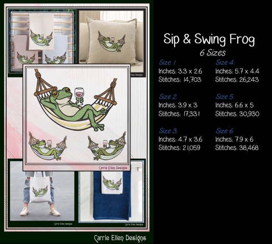 Sip & Swing Frog Machine Embroidery Design | Funny Frog in Hammock with Wine | Relaxing Frog Embroidery Pattern, 6 Sizes (4170)