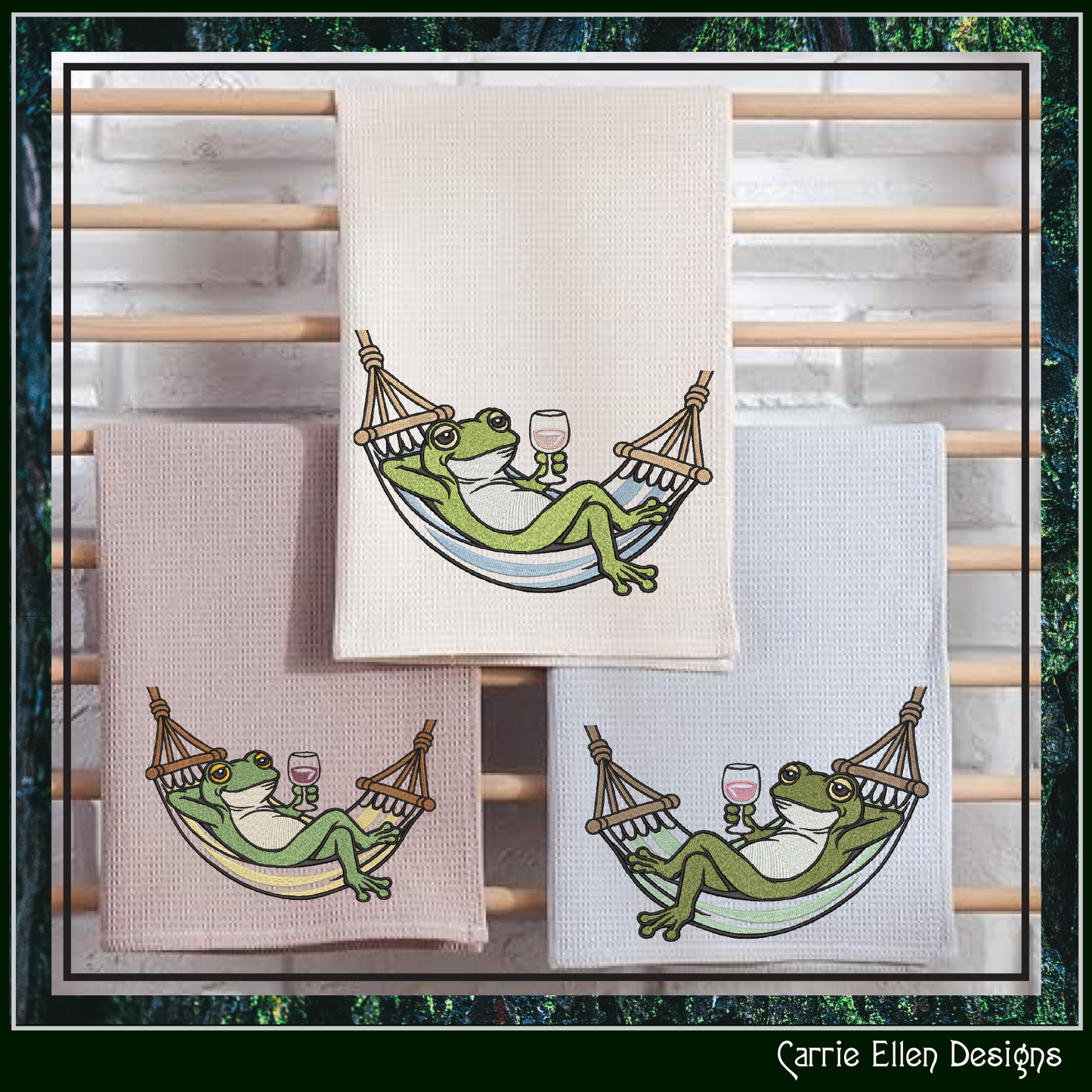Sip & Swing Frog Machine Embroidery Design | Funny Frog in Hammock with Wine | Relaxing Frog Embroidery Pattern, 6 Sizes (4170)