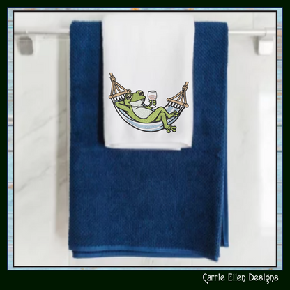 Sip & Swing Frog Machine Embroidery Design | Funny Frog in Hammock with Wine | Relaxing Frog Embroidery Pattern, 6 Sizes (4170)