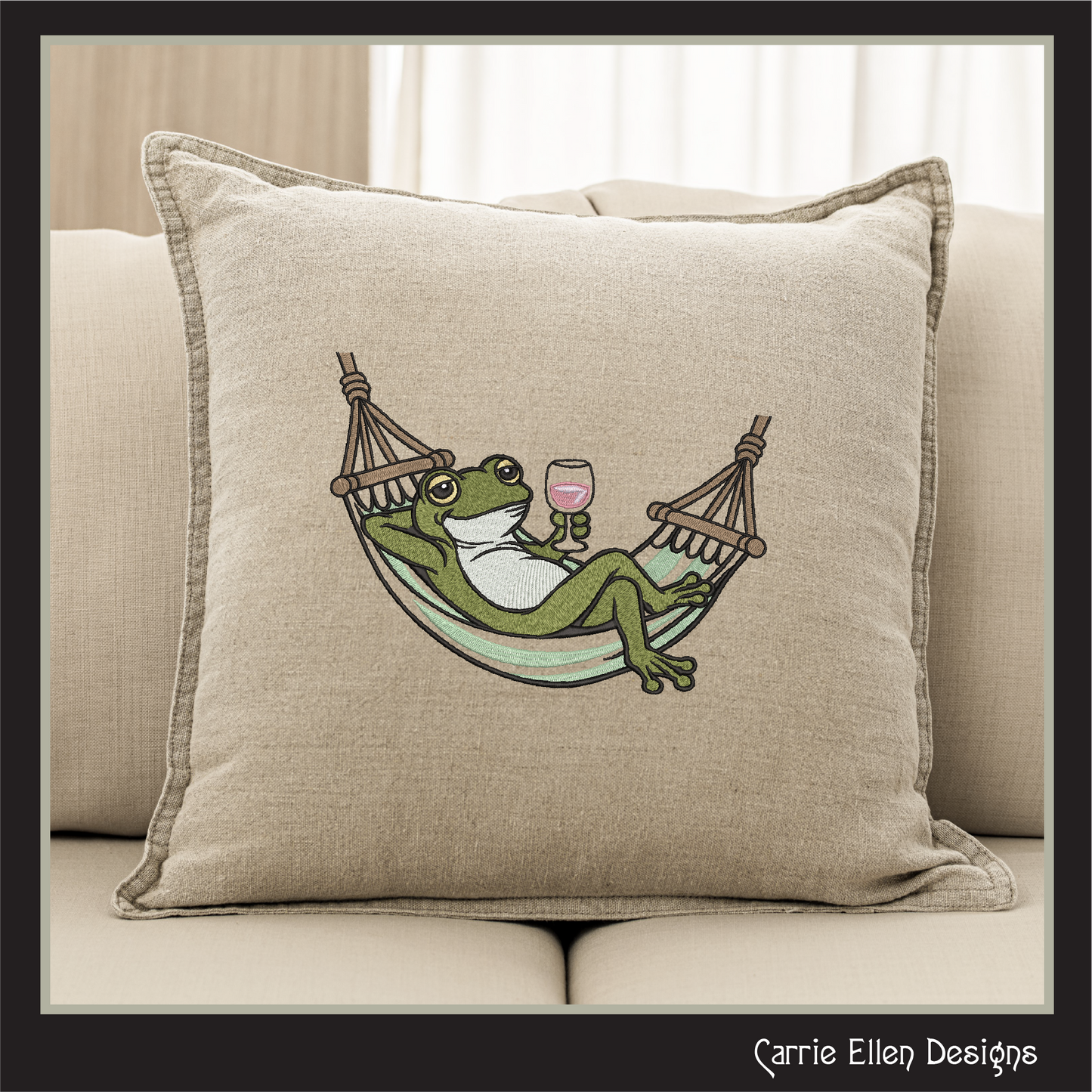Sip & Swing Frog Machine Embroidery Design | Funny Frog in Hammock with Wine | Relaxing Frog Embroidery Pattern, 6 Sizes (4170)