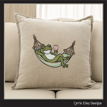 Sip & Swing Frog Machine Embroidery Design | Funny Frog in Hammock with Wine | Relaxing Frog Embroidery Pattern, 6 Sizes (4170)