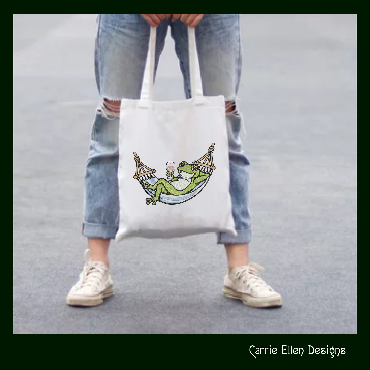Sip & Swing Frog Machine Embroidery Design | Funny Frog in Hammock with Wine | Relaxing Frog Embroidery Pattern, 6 Sizes (4170)