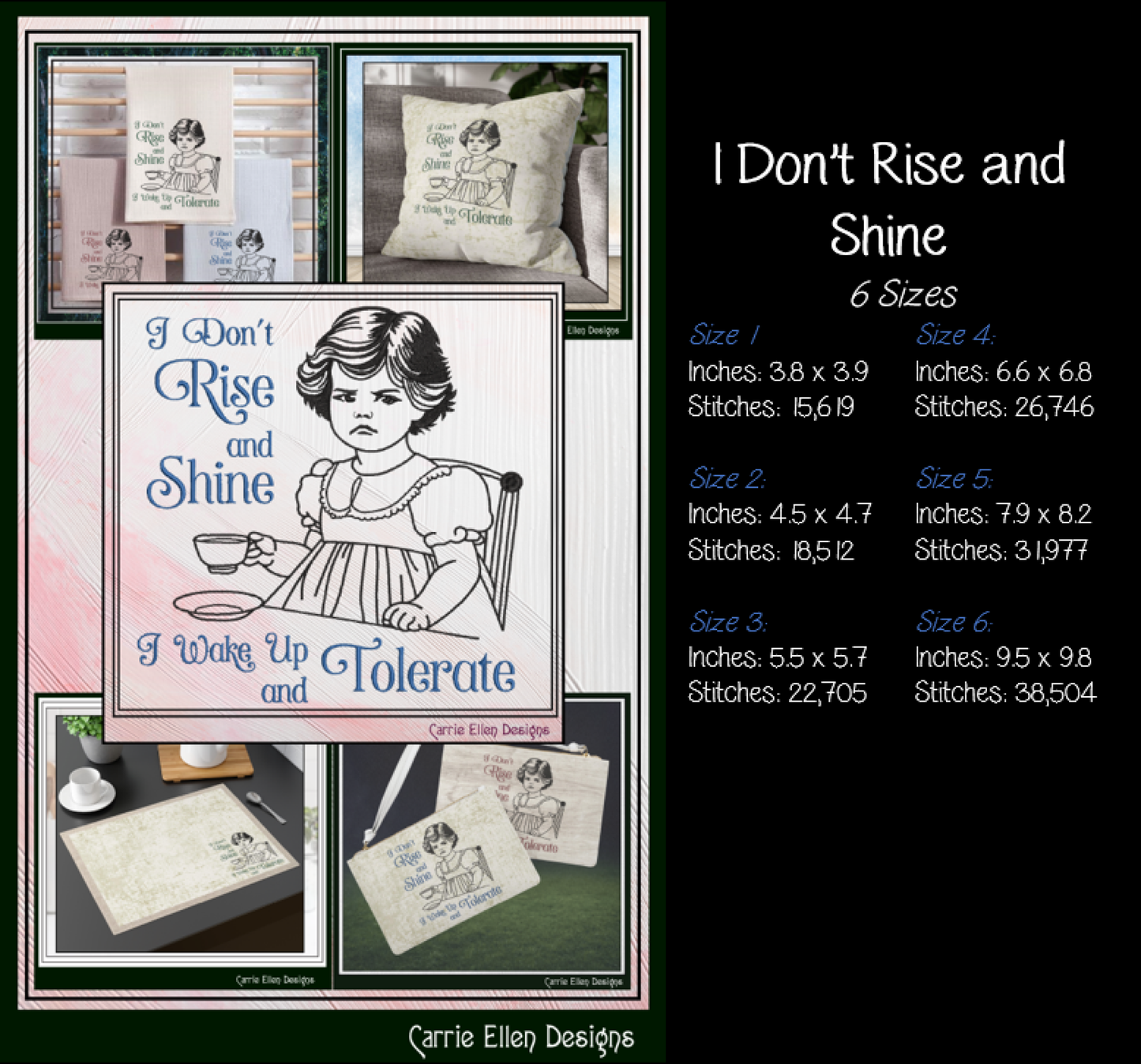 I Don't Rise and Shine Machine Embroidery Design | Funny Morning Quote Design File | Sarcastic Vintage Humor, 6 Sizes (4173)