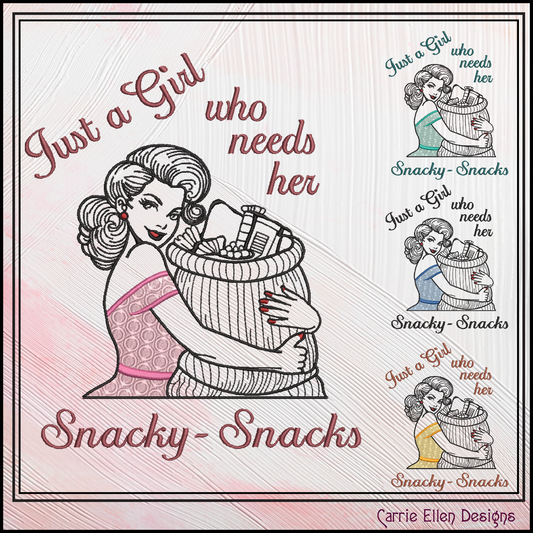 Illustration of a girl holding a basket with text 'Just a Girl who needs her Snacky Snacks' by Carrie Ellen Designs.