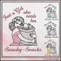 Illustration of a girl holding a basket with text 'Just a Girl who needs her Snacky Snacks' by Carrie Ellen Designs.