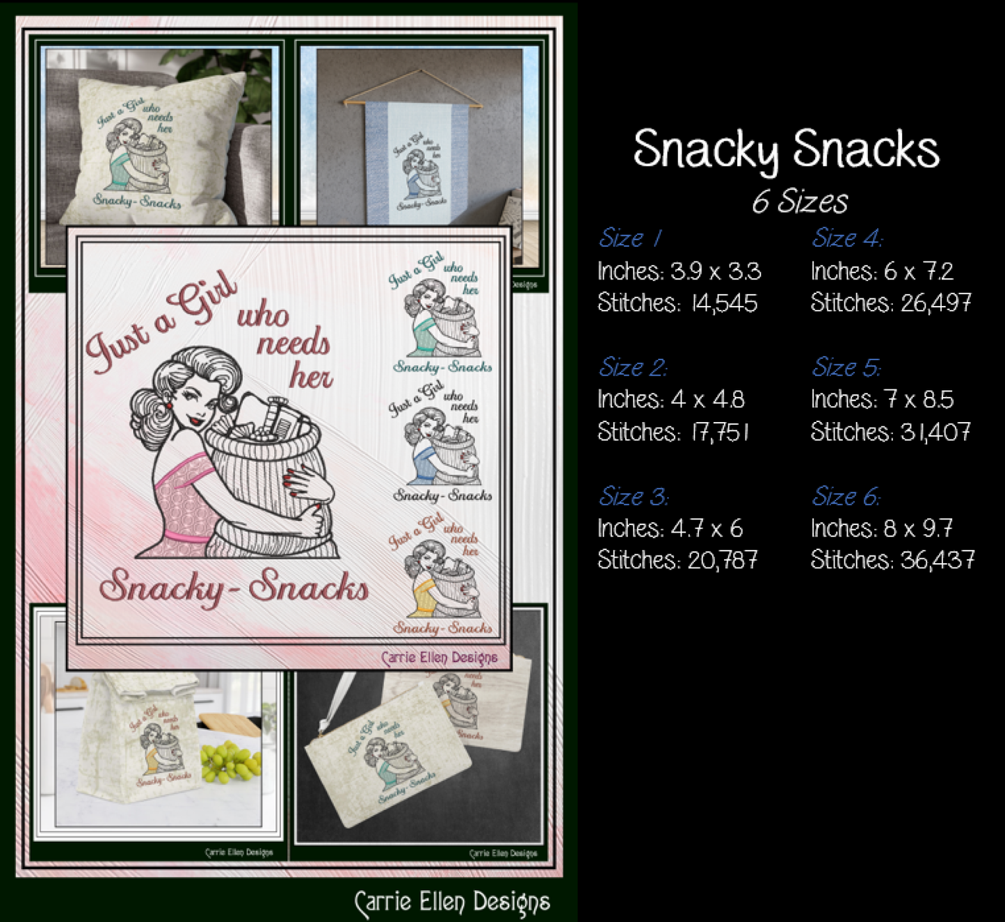 Collage of 'Snacky Snacks' embroidery designs with dimensions and stitch counts on a black background.