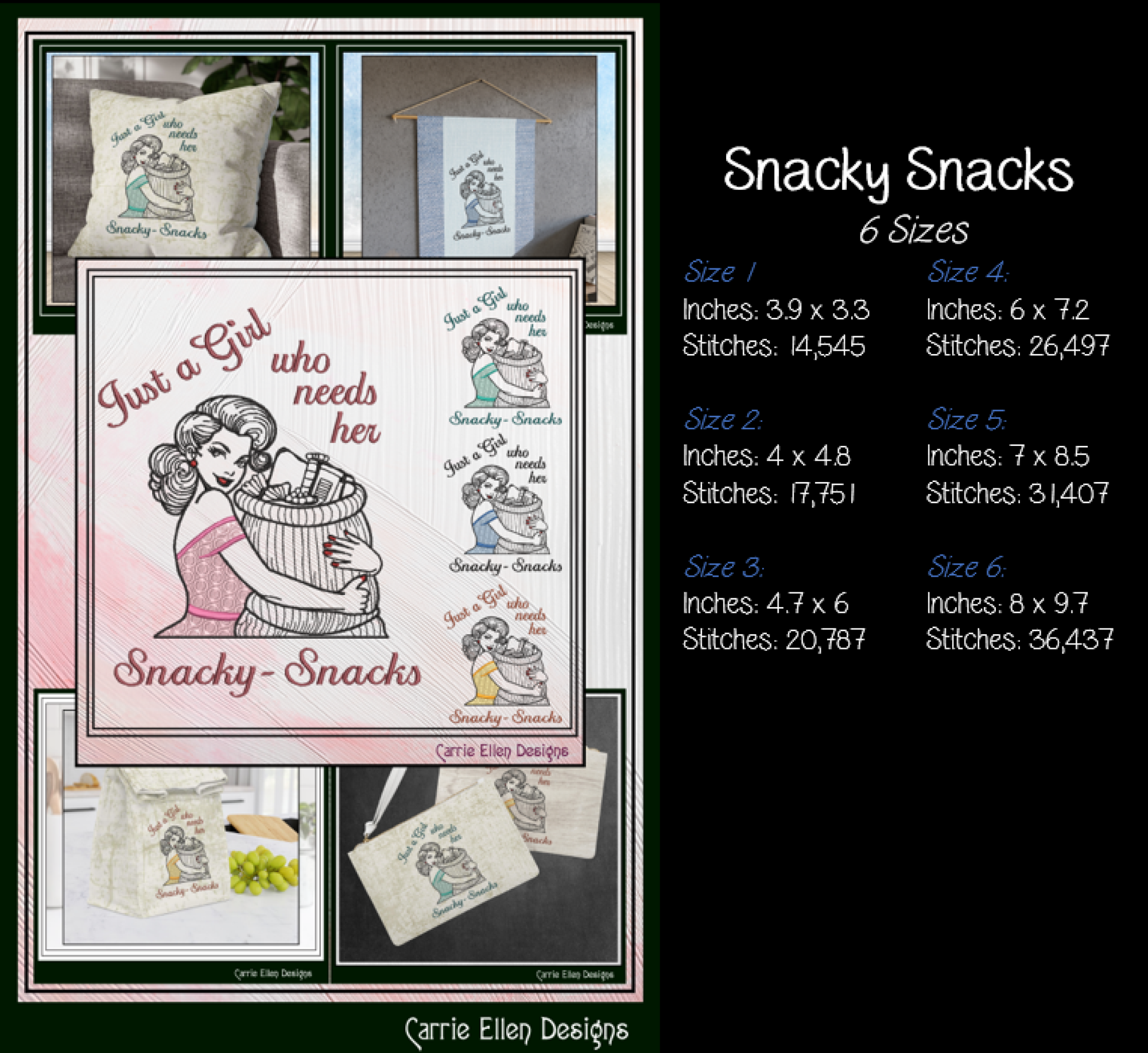 Collage of 'Snacky Snacks' embroidery designs with dimensions and stitch counts on a black background.