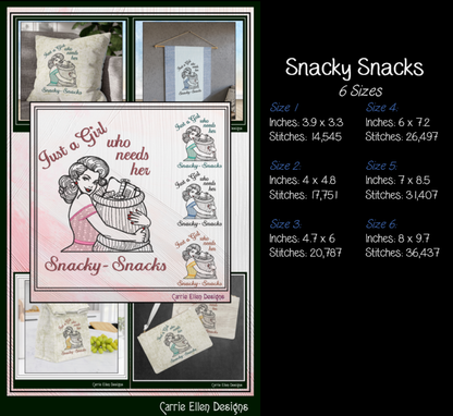 Collage of 'Snacky Snacks' embroidery designs with dimensions and stitch counts on a black background.