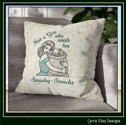 Decorative pillow with a design and text on a couch, featuring the brand 'Carrie Ellen Designs'.