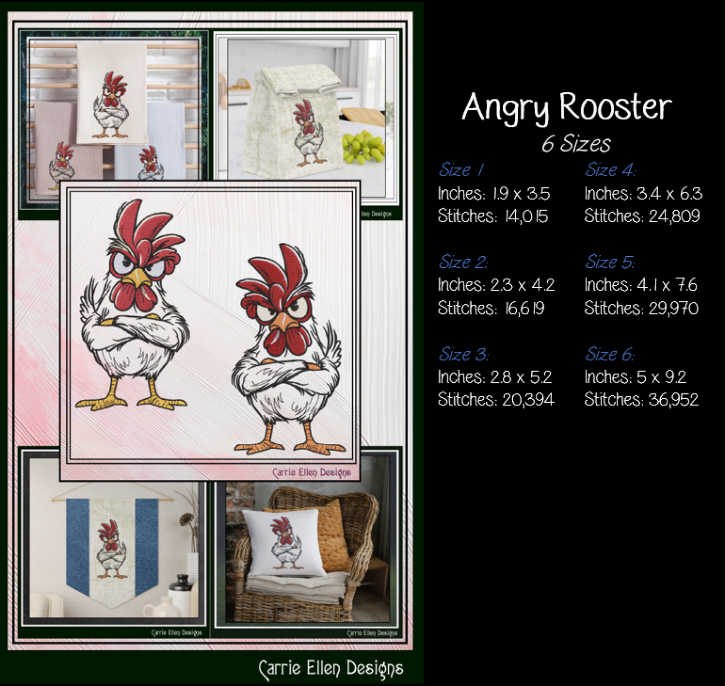 Angry Rooster Machine Embroidery Design | Farmhouse Rooster Stitch File | Country Farm Decor Design, 6 Sizes, (4176)