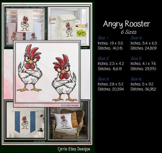 Angry Rooster Machine Embroidery Design | Farmhouse Rooster Stitch File | Country Farm Decor Design, 6 Sizes, (4176)
