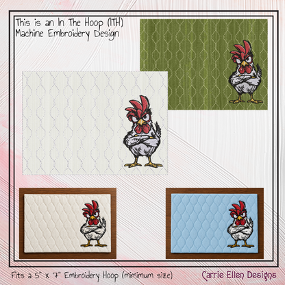 Angry Rooster ITH Mug Rug Machine Embroidery Design | Farmhouse In The Hoop Embroidery Project (4177)