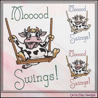 Mood Swings Cow Machine Embroidery Design | Funny Cow on Swing Embroidery Pattern | Farm Animal Humor, 6 Sizes (4181)