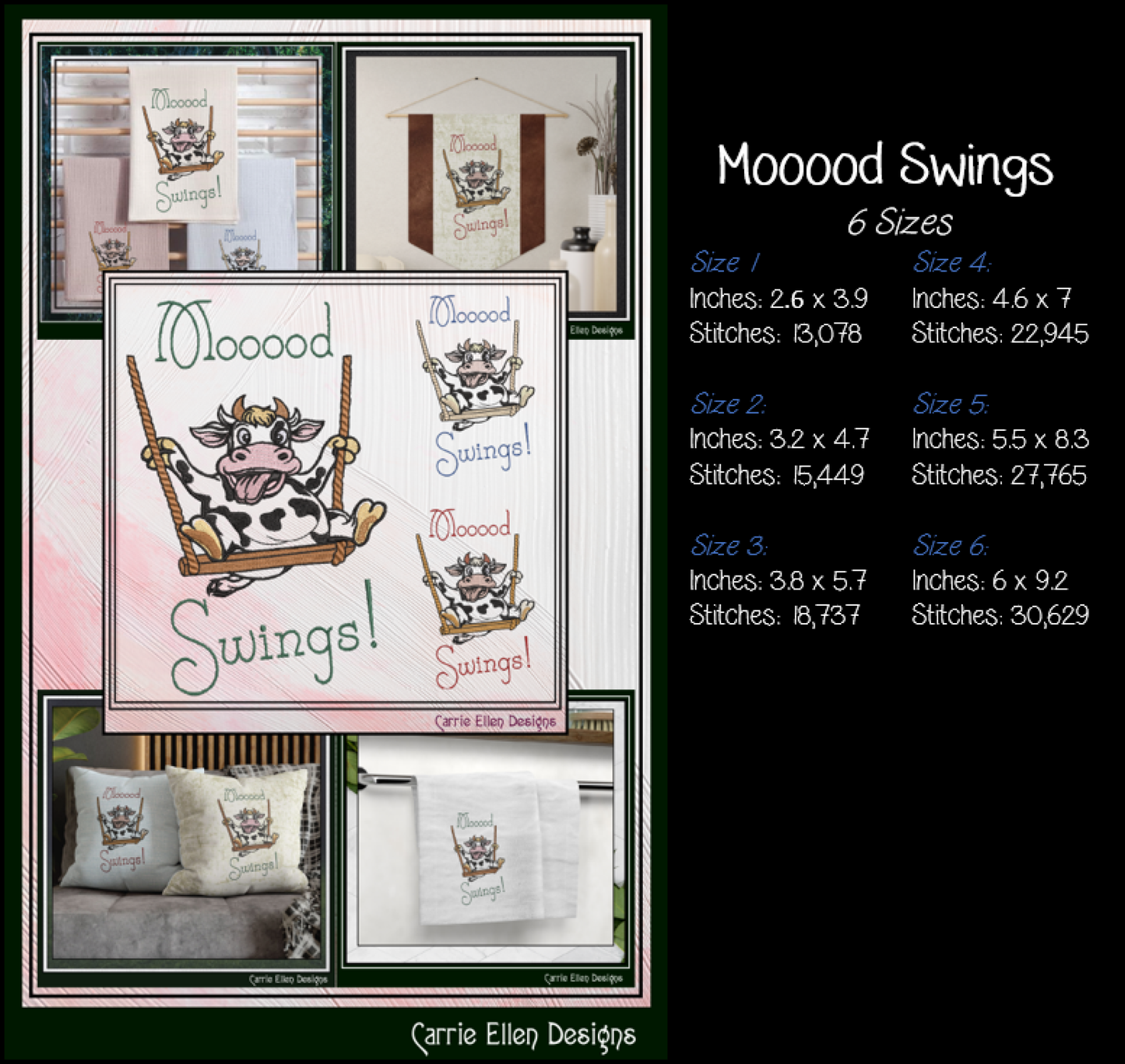 Mood Swings Cow Machine Embroidery Design | Funny Cow on Swing Embroidery Pattern | Farm Animal Humor, 6 Sizes (4181)