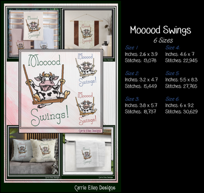 Mood Swings Cow Machine Embroidery Design | Funny Cow on Swing Embroidery Pattern | Farm Animal Humor, 6 Sizes (4181)