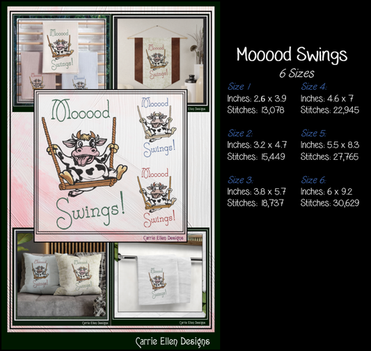 Mood Swings Cow Machine Embroidery Design | Funny Cow on Swing Embroidery Pattern | Farm Animal Humor, 6 Sizes (4181)