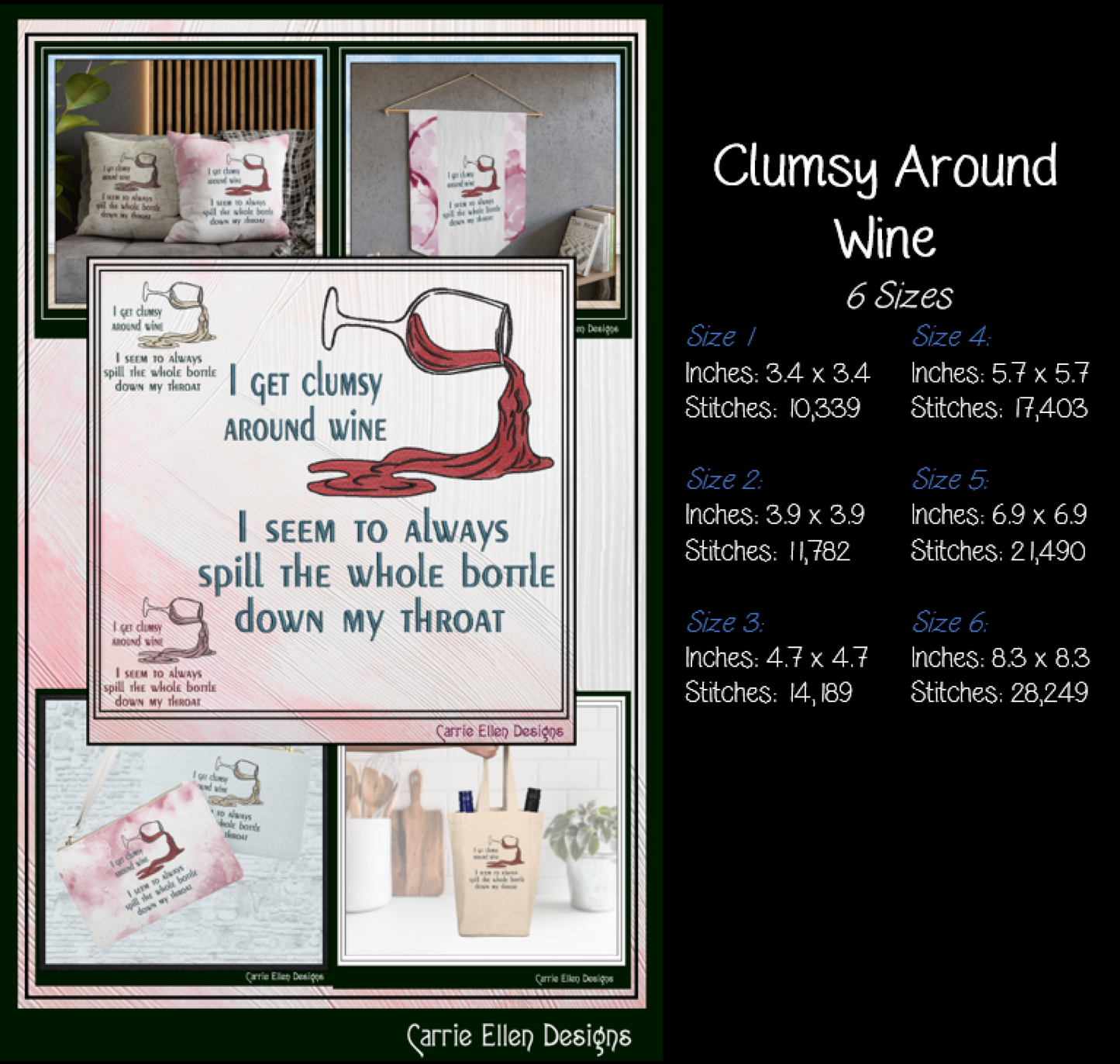 I Get Clumsy Around Wine Machine Embroidery Design | Adult Humor Wine Lover Stitch Pattern, 6 Sizes (4182)