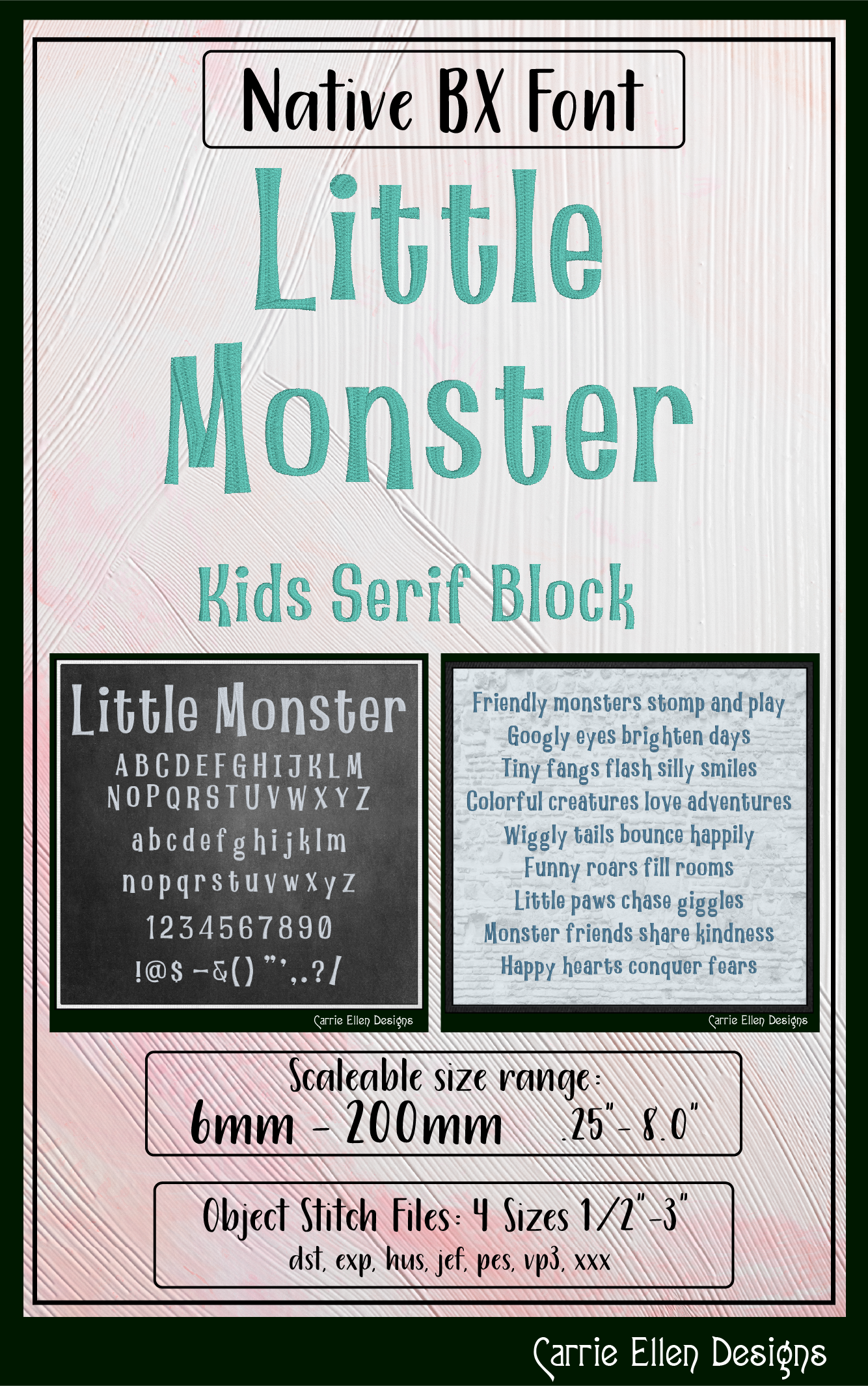 Little Monster Kids Serif Block BX Embroidery Font | Playful Children's Alphabet | Machine Embroidery Lettering Set (4184)
