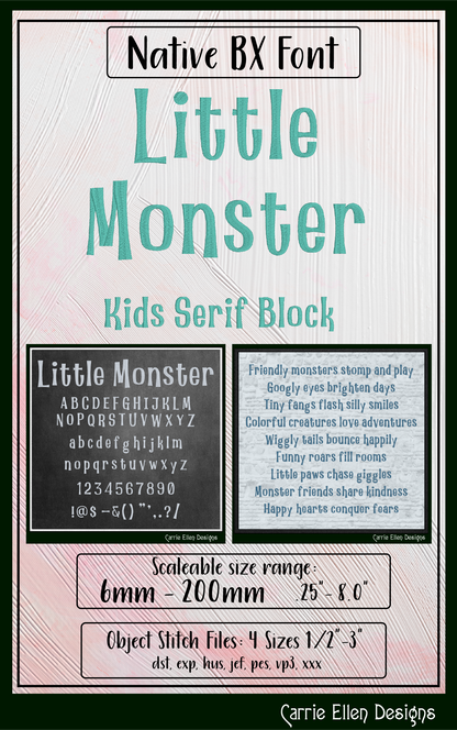 Little Monster Kids Serif Block BX Embroidery Font | Playful Children's Alphabet | Machine Embroidery Lettering Set (4184)