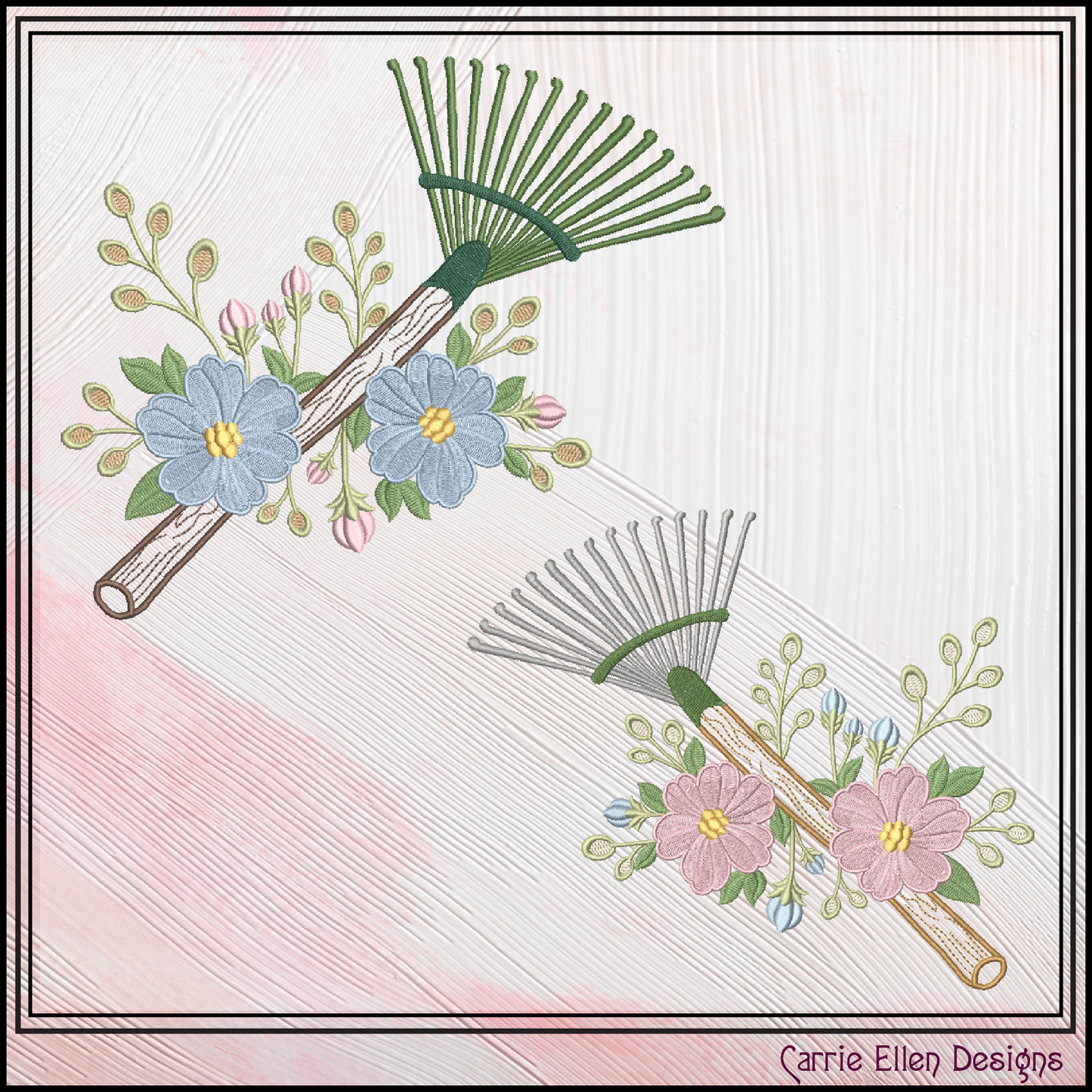 Floral Garden Rake Machine Embroidery Design | Botanical Leaf Rake Stitch File, 6 Sizes, (4185)