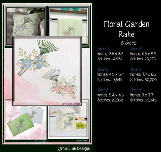 Floral Garden Rake Machine Embroidery Design | Botanical Leaf Rake Stitch File, 6 Sizes, (4185)