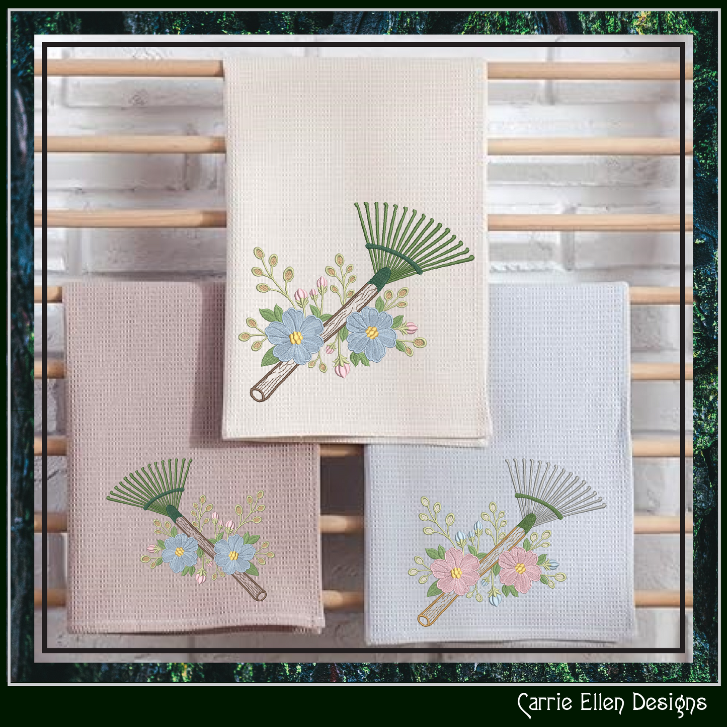 Floral Garden Rake Machine Embroidery Design | Botanical Leaf Rake Stitch File, 6 Sizes, (4185)