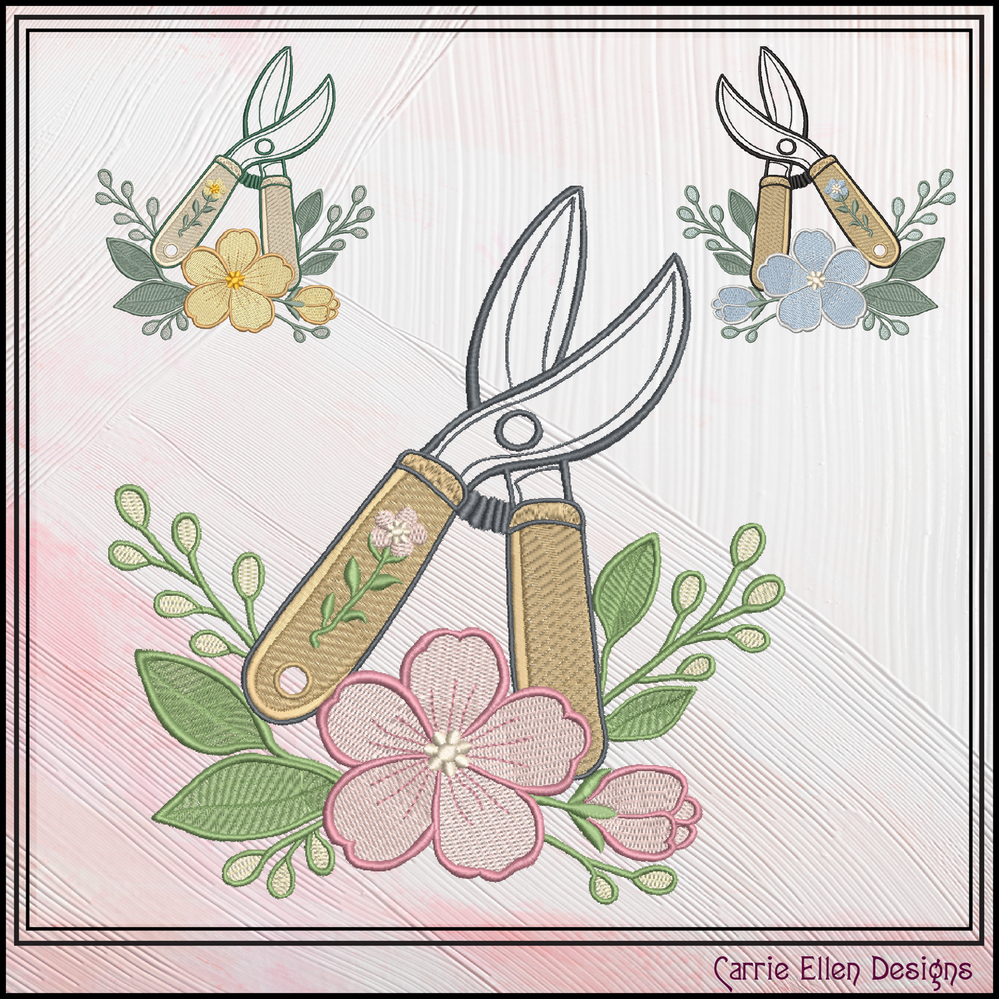 Floral Garden Clippers Machine Embroidery Design | Botanical Pruning Shears, 6 Sizes, (4186)
