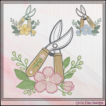 Floral Garden Clippers Machine Embroidery Design | Botanical Pruning Shears, 6 Sizes, (4186)