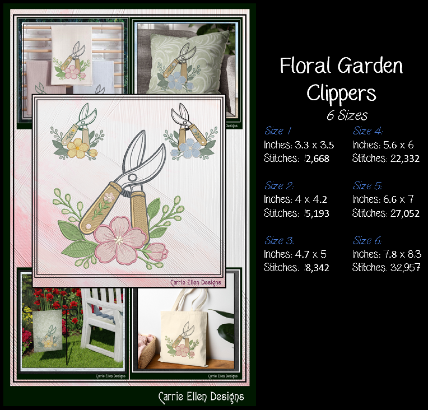 Floral Garden Clippers Machine Embroidery Design | Botanical Pruning Shears, 6 Sizes, (4186)