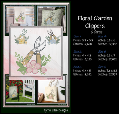 Floral Garden Clippers Machine Embroidery Design | Botanical Pruning Shears, 6 Sizes, (4186)