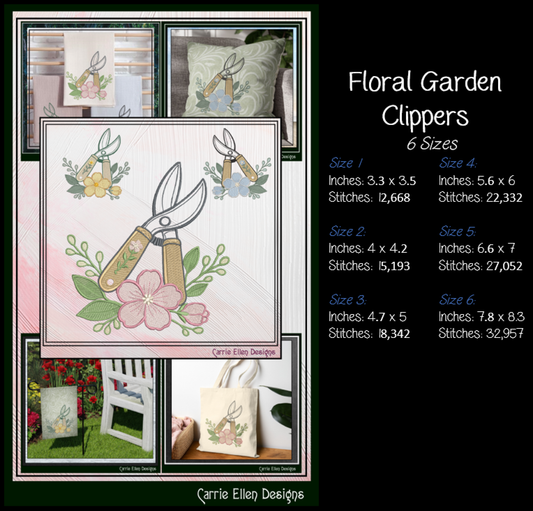 Floral Garden Clippers Machine Embroidery Design | Botanical Pruning Shears, 6 Sizes, (4186)