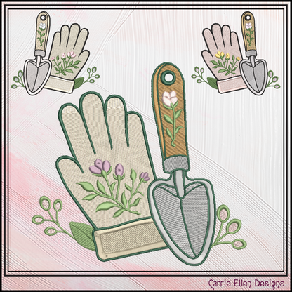 Floral Gardening Glove & Trowel Machine Embroidery Design | Botanical Gardening Embroidery, 6 Sizes, (4187)