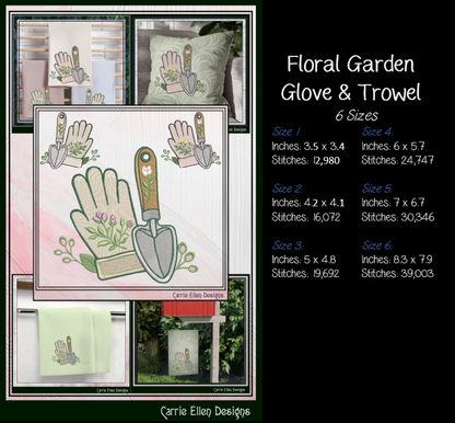 Floral Gardening Glove & Trowel Machine Embroidery Design | Botanical Gardening Embroidery, 6 Sizes, (4187)