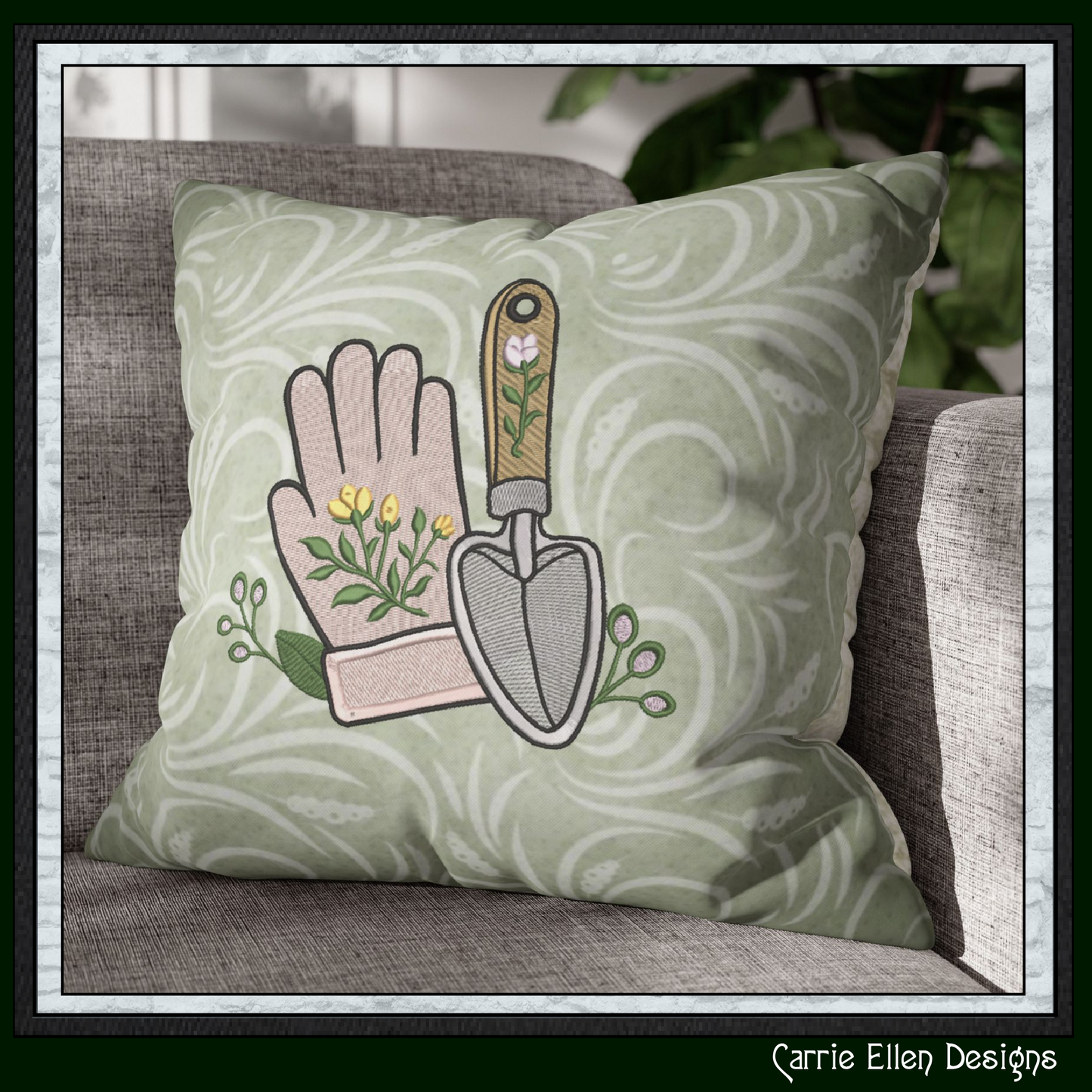 Floral Gardening Glove & Trowel Machine Embroidery Design | Botanical Gardening Embroidery, 6 Sizes, (4187)