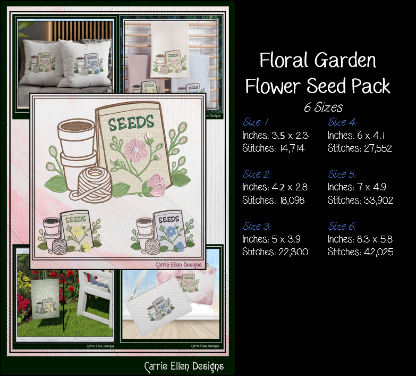 Floral Garden Tools Bundle Machine Embroidery Designs | Garden Lover Stitch Files | Gardening Collection, 8 Designs, 6 Sizes, (4193)