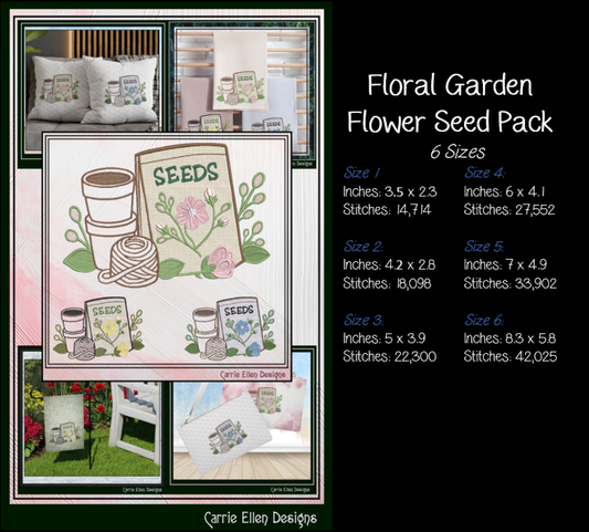 Floral Seed Packet Machine Embroidery Design | Garden Seeds Botanical Gardening Embroidery, 6 Sizes, (4188)