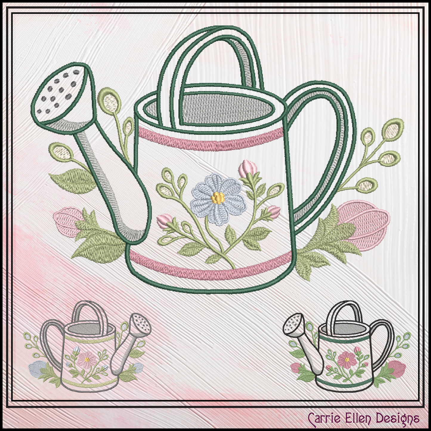 Floral Watering Can Machine Embroidery Design | Botanical Gardening Embroidery, 6 Sizes, (4189)