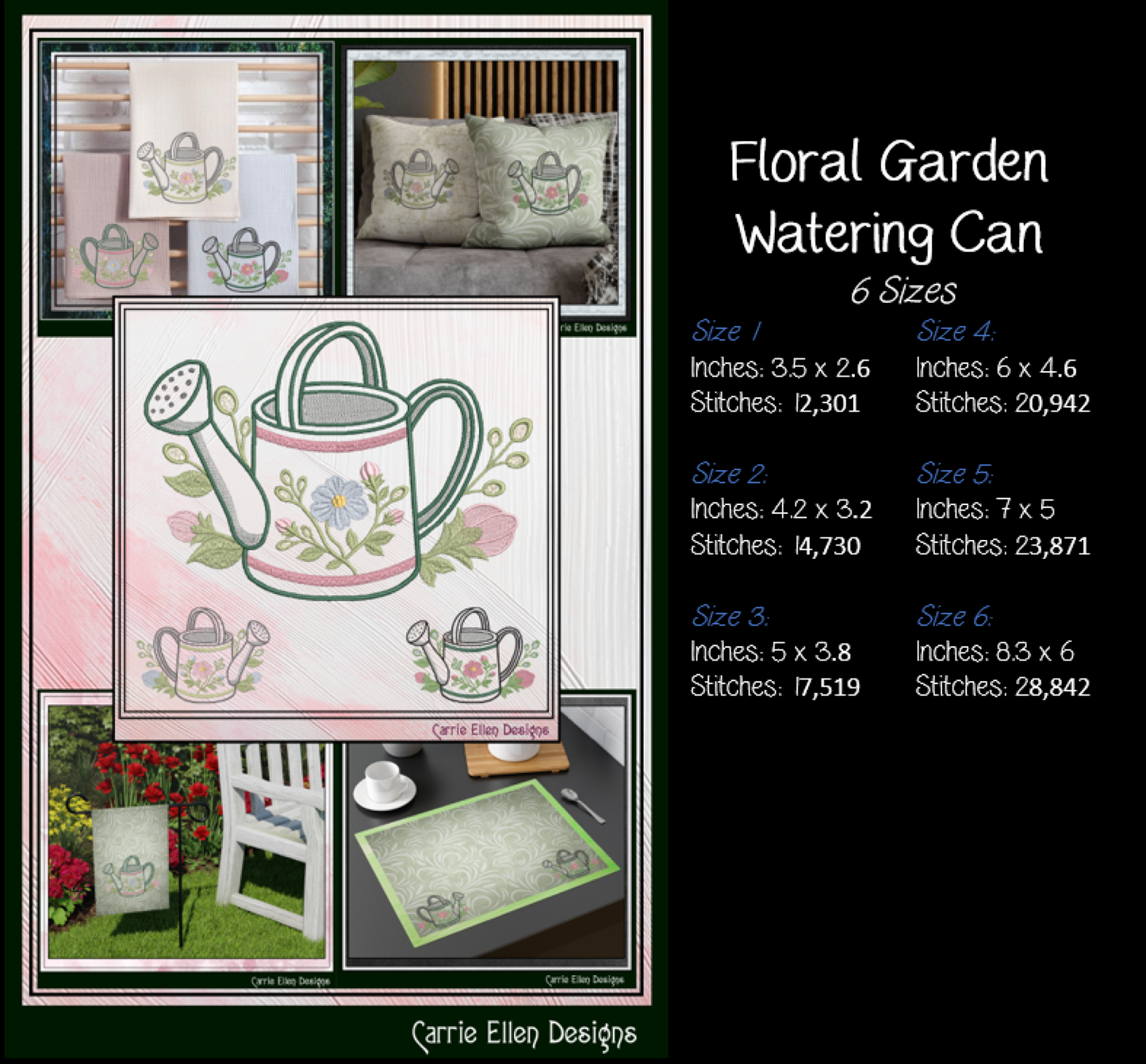 Floral Watering Can Machine Embroidery Design | Botanical Gardening Embroidery, 6 Sizes, (4189)