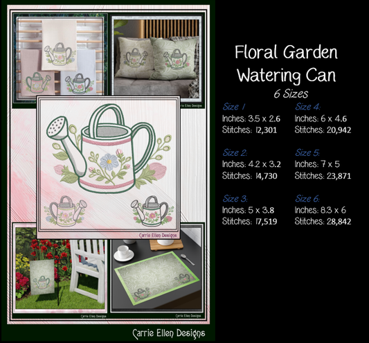 Floral Watering Can Machine Embroidery Design | Botanical Gardening Embroidery, 6 Sizes, (4189)