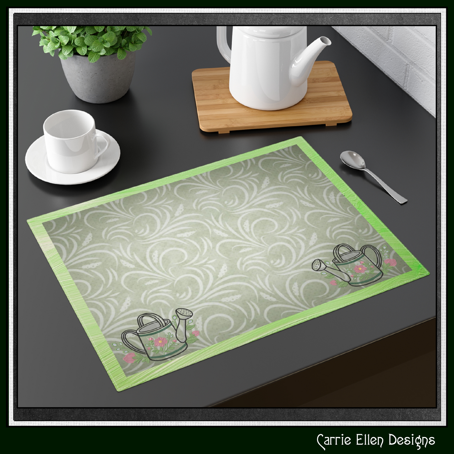 Floral Watering Can Machine Embroidery Design | Botanical Gardening Embroidery, 6 Sizes, (4189)